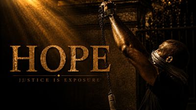 Man in chains reaching for light with HOPE text.