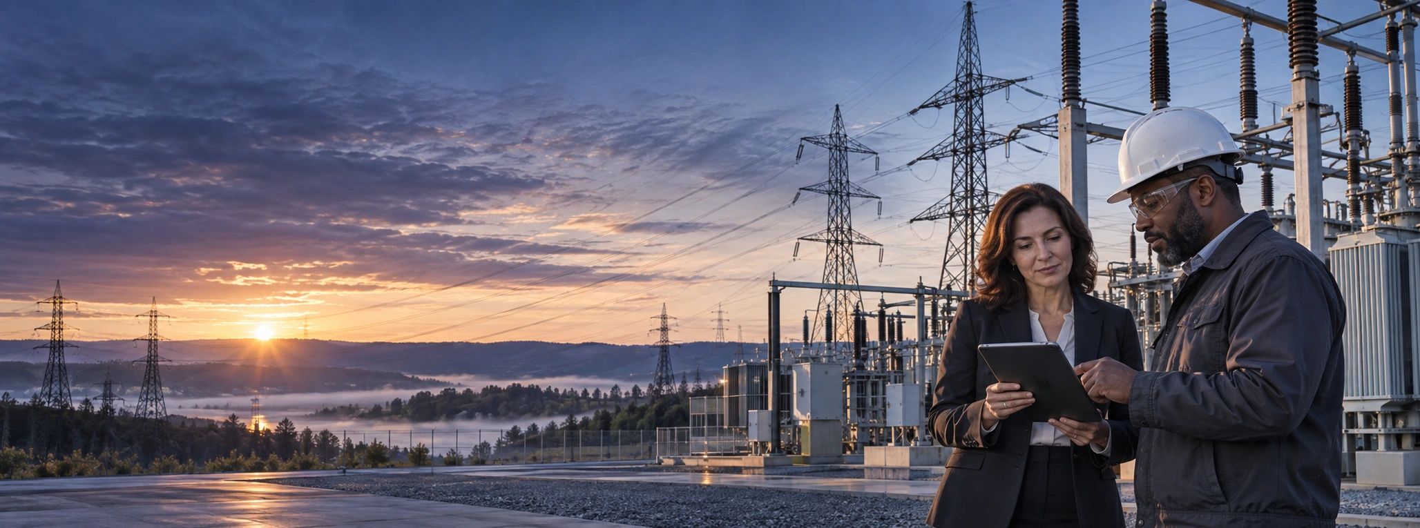 Engineers discussing at a power substation during sunset.