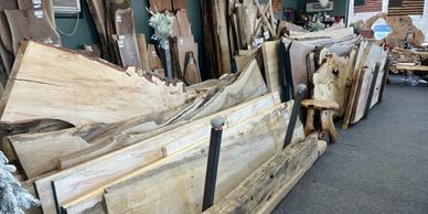 500+ slabs of wood, live edge wood, black walnut, english walnut, sycamore, maple, box elder