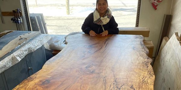 Live edge spalted burly maple dining table with copper epoxy