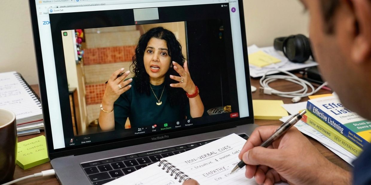 Person attending a Zoom call while taking notes on non-verbal cues.