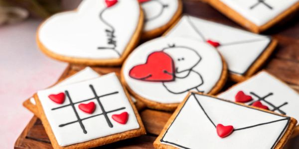 Cookies decorated with hearts and love-themed designs.