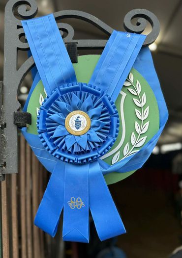 Blue award ribbon and green circular plaque with laurel decoration hanging on a metal frame.