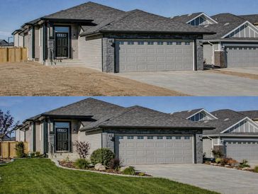 Comparison of a house before and after landscaping with green lawn and plants.