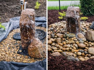 Side-by-side images of a stone water feature during and after landscaping installation.