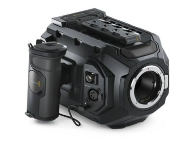 Professional Blackmagic camera body with grip and lens mount.