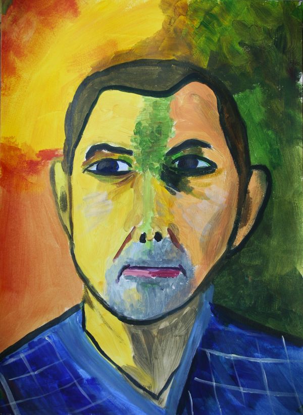 Acrylic on paper experimental self-portrait in the style of the Fauves.