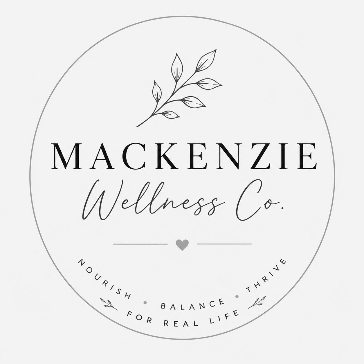 Elegant logo for Mackenzie Wellness Co. with natural leaf design and wellness tagline.