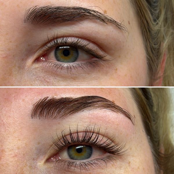 Before and after eyebrow and eyelash enhancement.