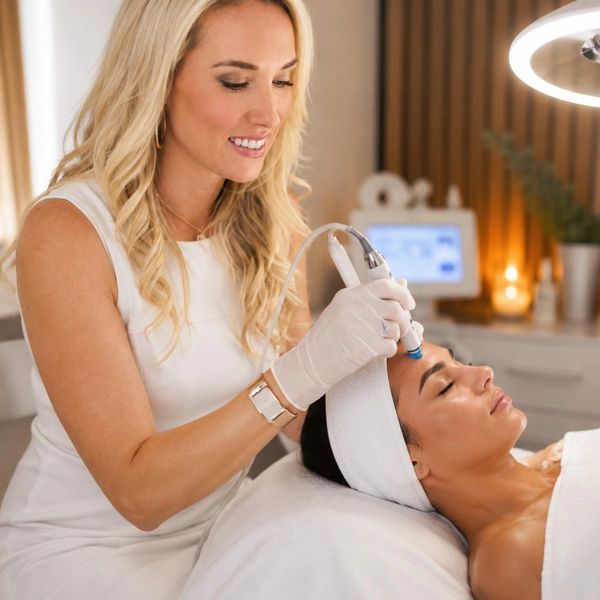 A woman receiving a facial treatment from a beautician in a spa.