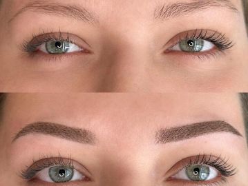 Before and after eyebrow shaping showing natural and defined brows.