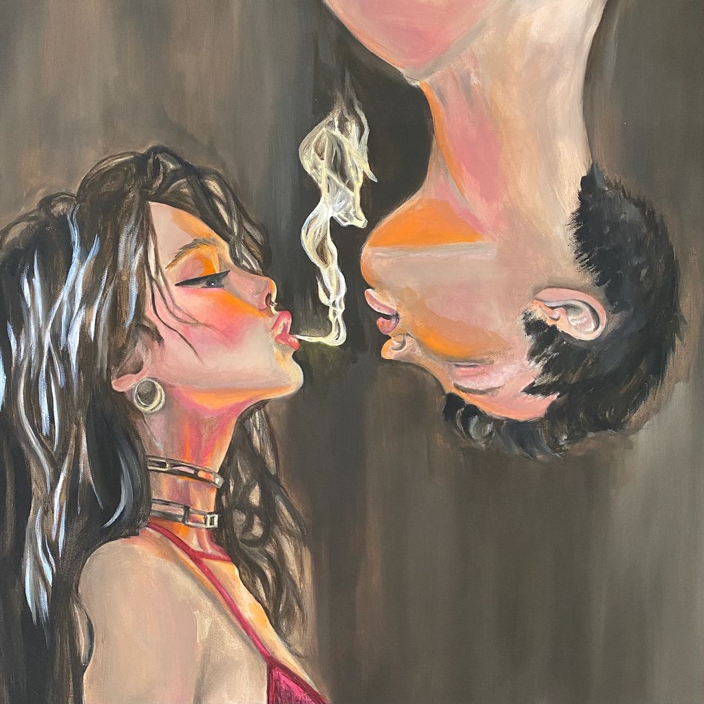 Two people face each other, exchanging smoke in an intimate moment.