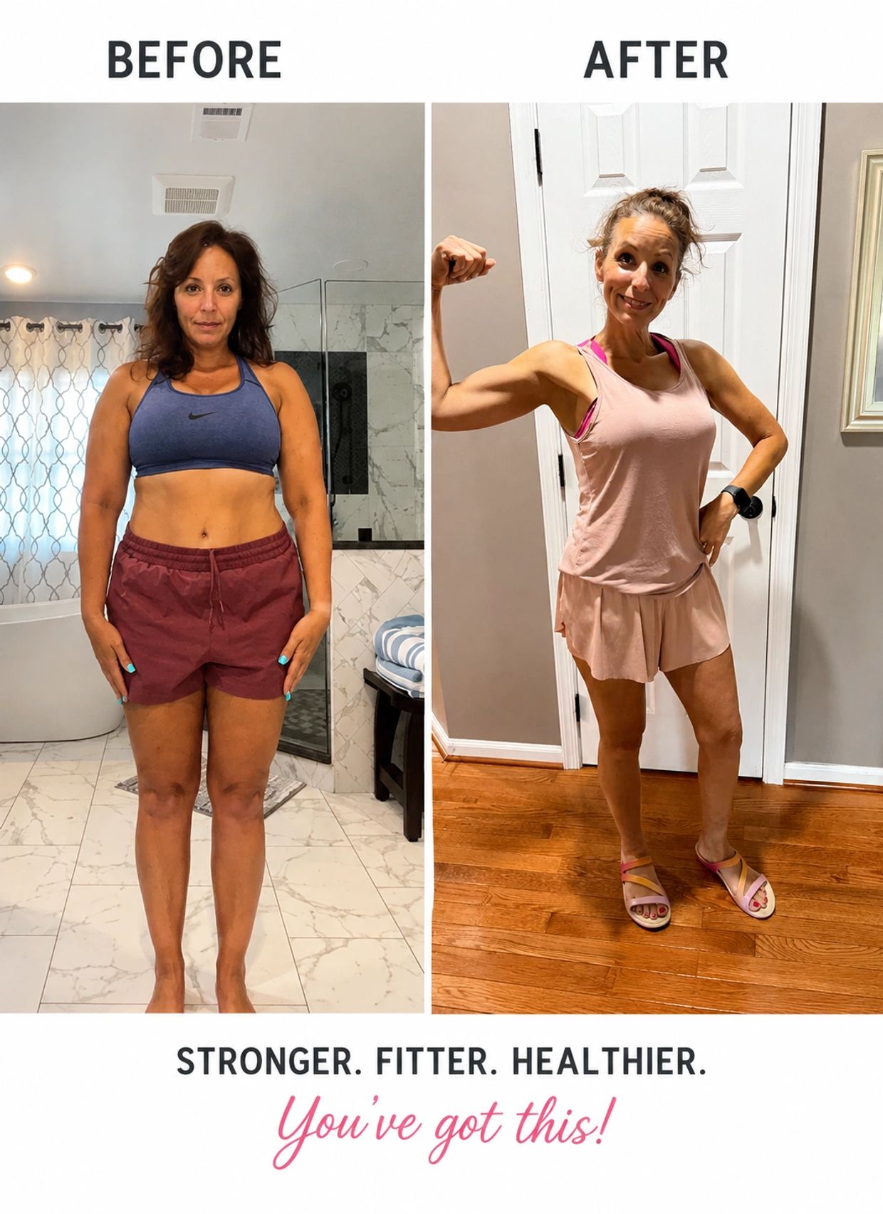 Before and after weight loss transformation of Theresa Ganoe, NP, founder of A Stronger You function