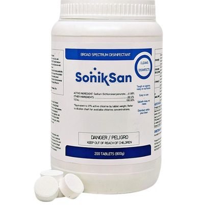 Container of SonikSan broad spectrum disinfectant tablets.