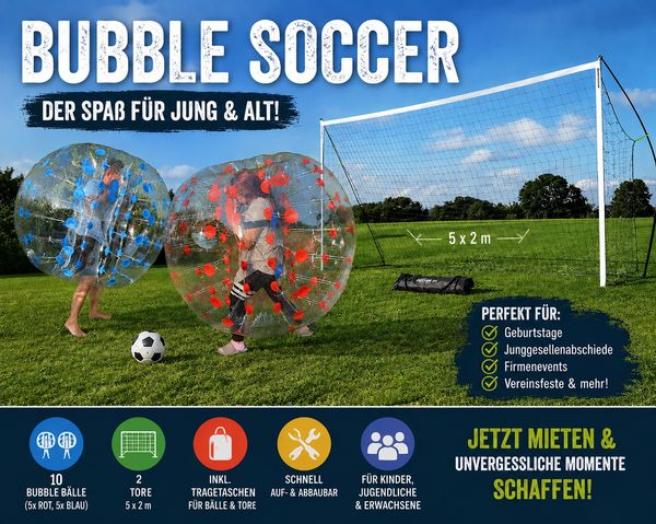 Two people playing bubble soccer on a green field with a goal.