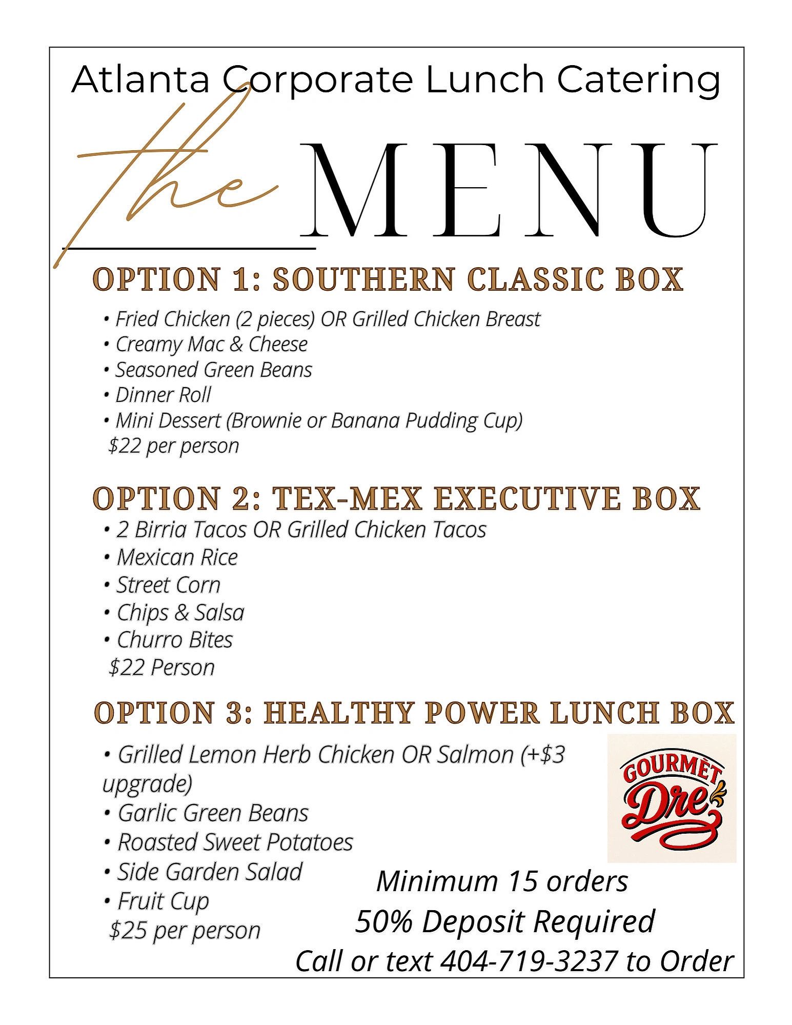 Atlanta Corporate Lunch Catering menu with three meal options.