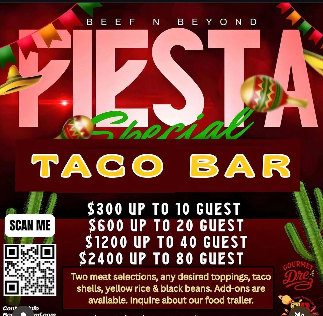 Fiesta Special Taco Bar catering with customizable options and pricing.