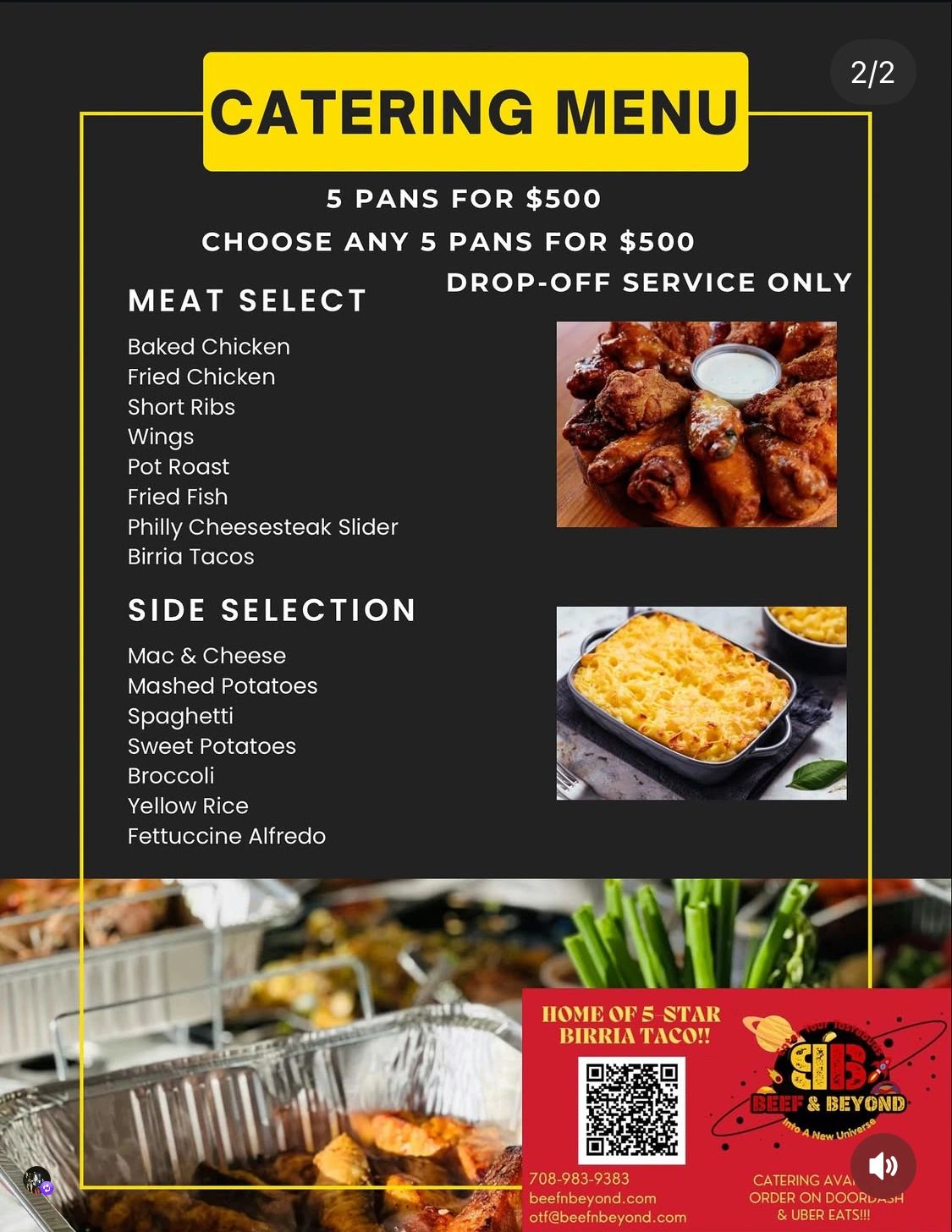 Catering menu offering 5 pans for $500 with various meat and side options, drop-off service only.