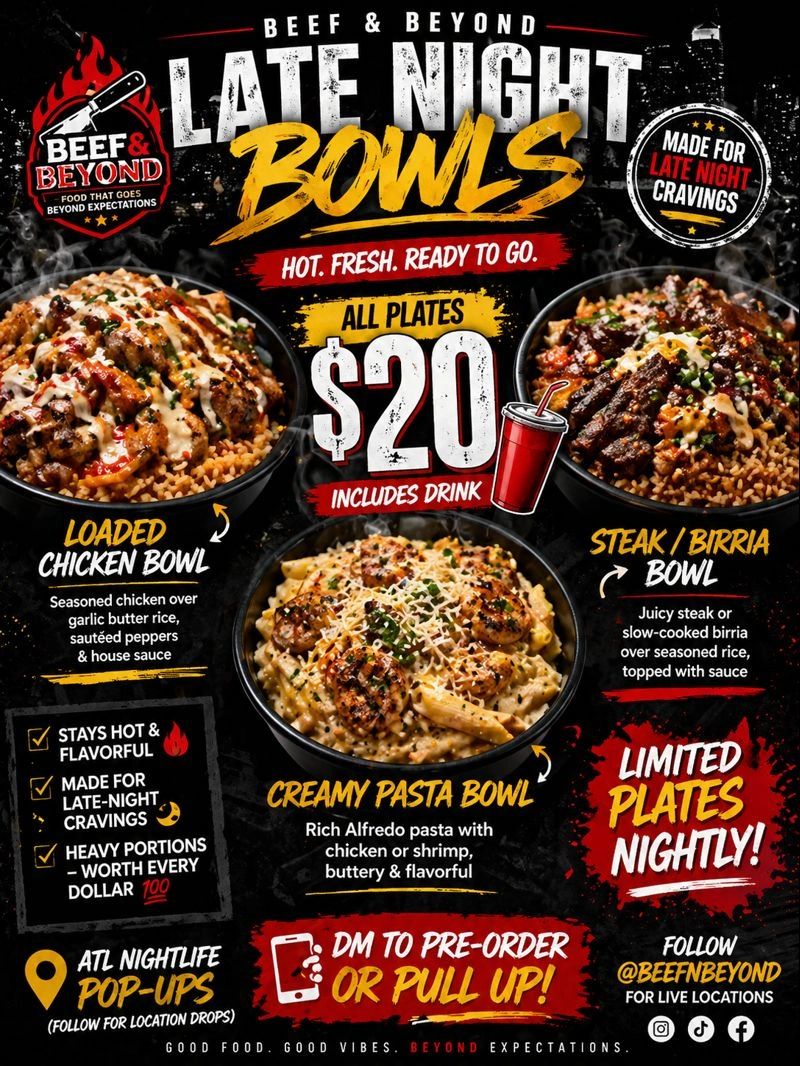 Late night bowls from Beef &amp; Beyond: loaded chicken, creamy pasta, or steak/birria for $20 with drink included.