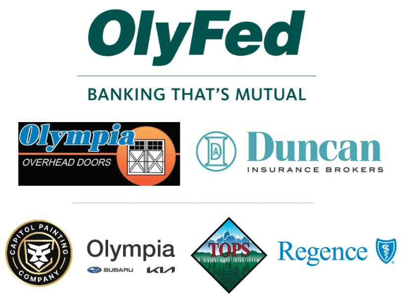 Logos of OlyFed and local businesses including Olympia, Duncan, Capitol Painting, Subaru, Kia, Tops, and Regence.
