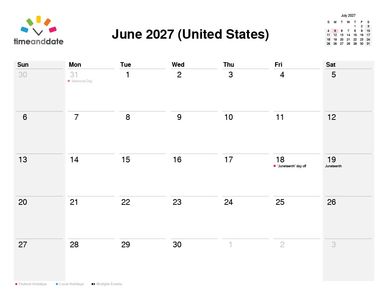 June 2027 calendar for the United States.