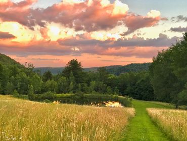 Outdoor waterfront wedding meadow with pond and mountain backdrop in the western Catskills