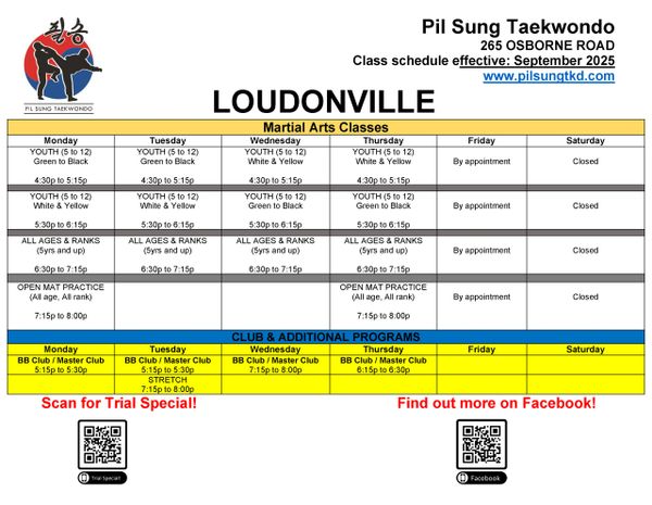 Pil Sung Taekwondo Loudonville class schedule effective September 2025.