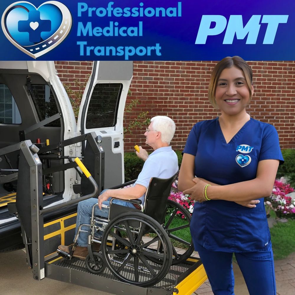 Smiling medical professional assisting elderly patient into transport vehicle.