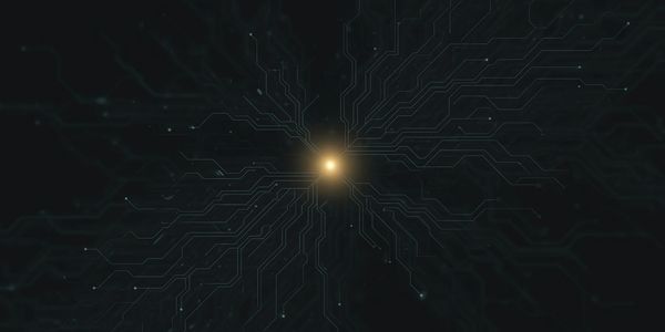 Glowing central node with circuit-like connections on a dark background.