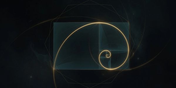 Golden spiral glowing against a dark geometric background.
