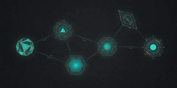 Futuristic glowing geometric shapes connected by lines on a dark background.