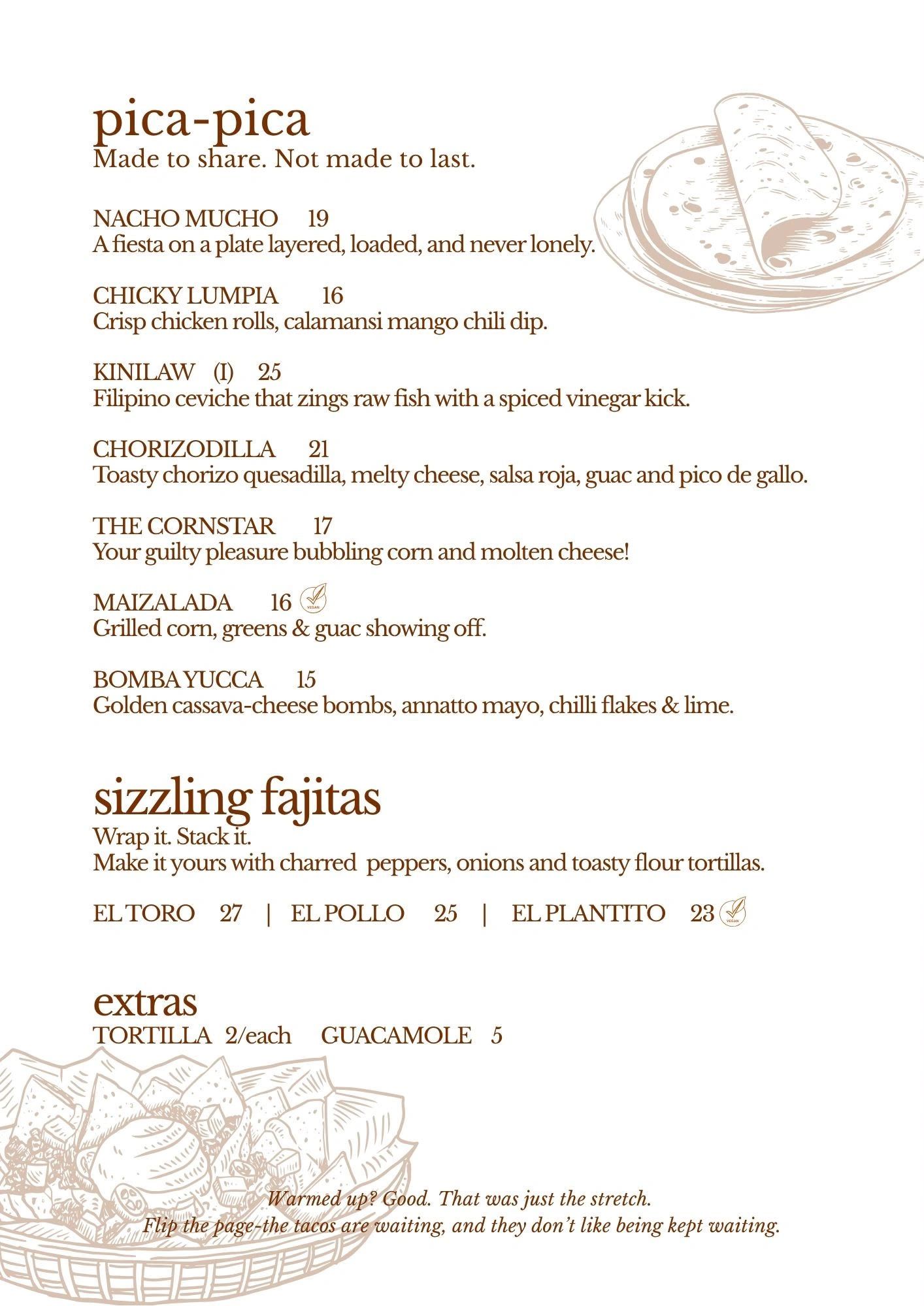 Menu section featuring pica-pica, sizzling fajitas, and extras with descriptions and prices.