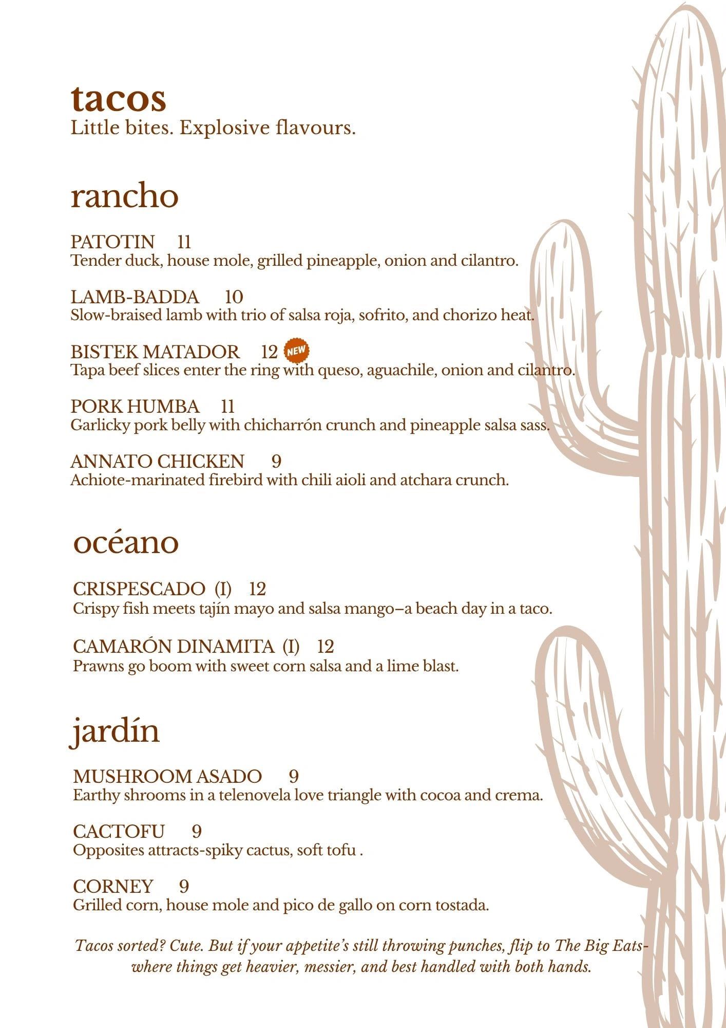 Taco menu with various flavorful options and descriptions.