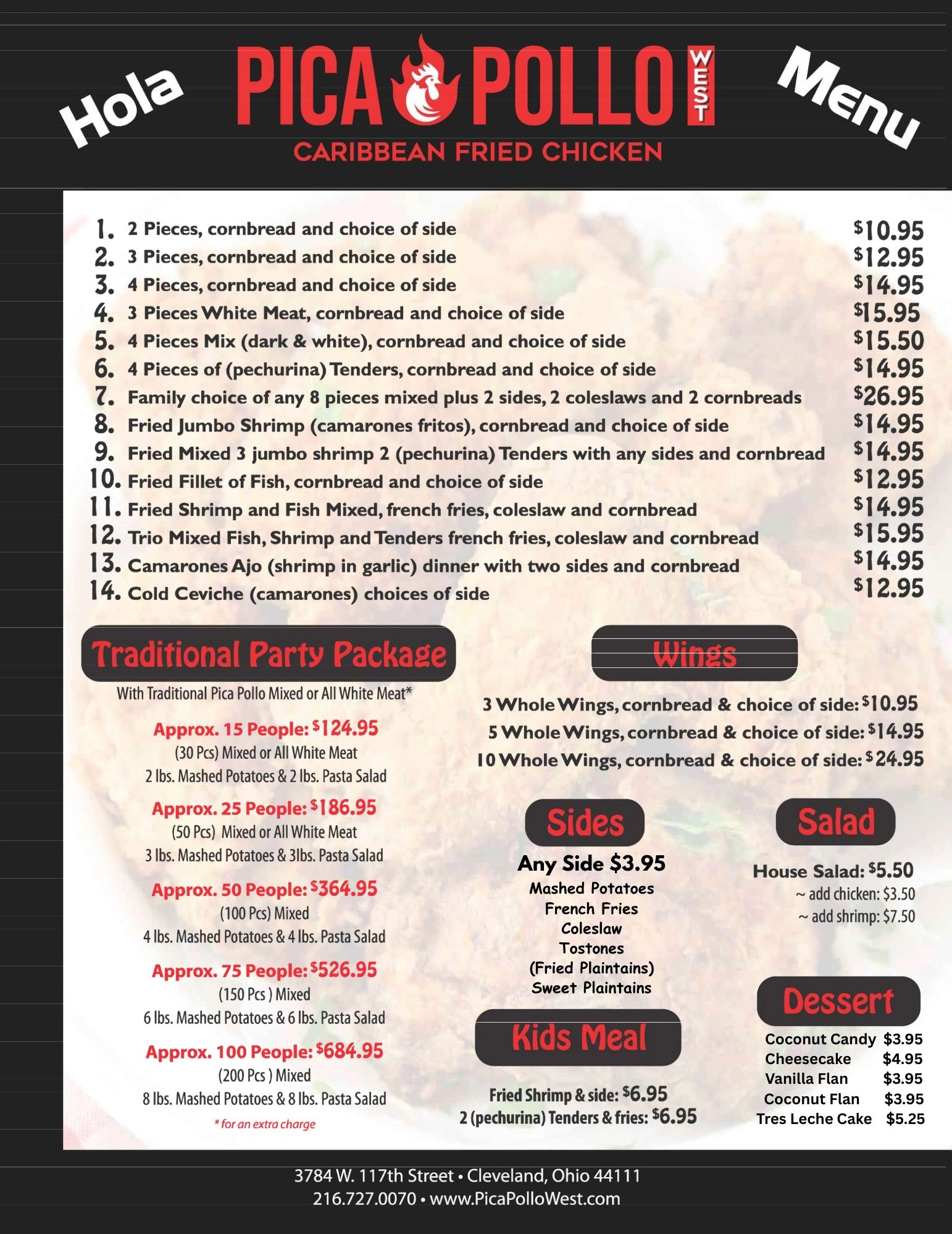 Pica Pollo West Caribbean fried chicken menu with combos, sides, wings, and desserts.