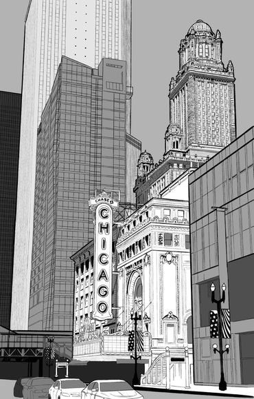 Perspective project of Chicago Theater and surrounding cityscape