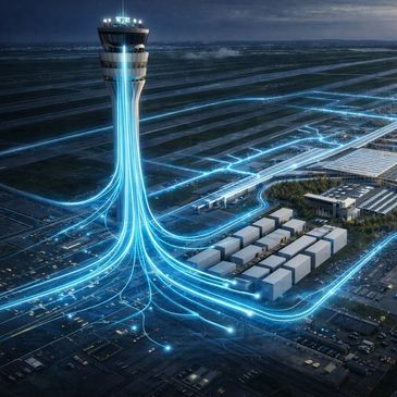Digital visualization of airport control tower connected via glowing blue data streams.