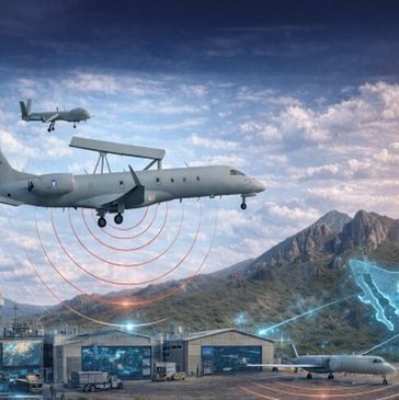 Surveillance aircraft and drones over a military base with digital network overlays.