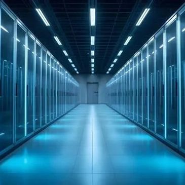 A futuristic data center aisle with glowing server racks.