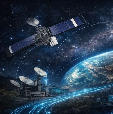 A satellite orbiting Earth with ground communication antennas below.