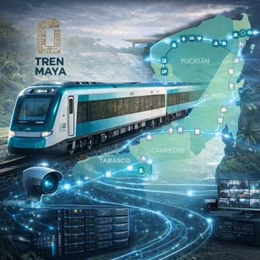 Futuristic Maya Train with digital map and security elements.