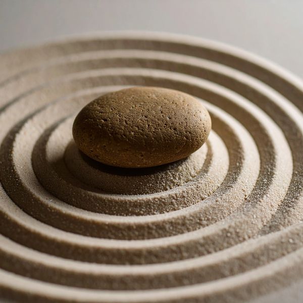 A smooth stone placed in the center of concentric sand circles.