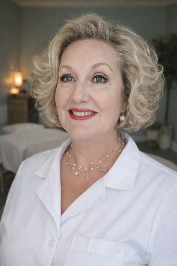 Smiling woman with curly blonde hair in a white coat.