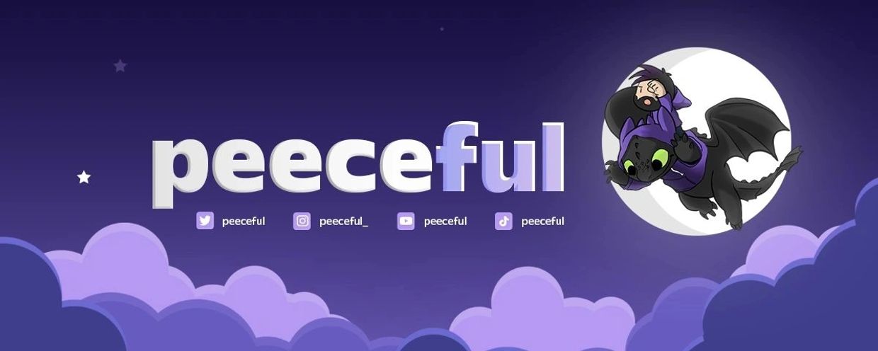 Illustration with a character riding a dragon and the name peeceful