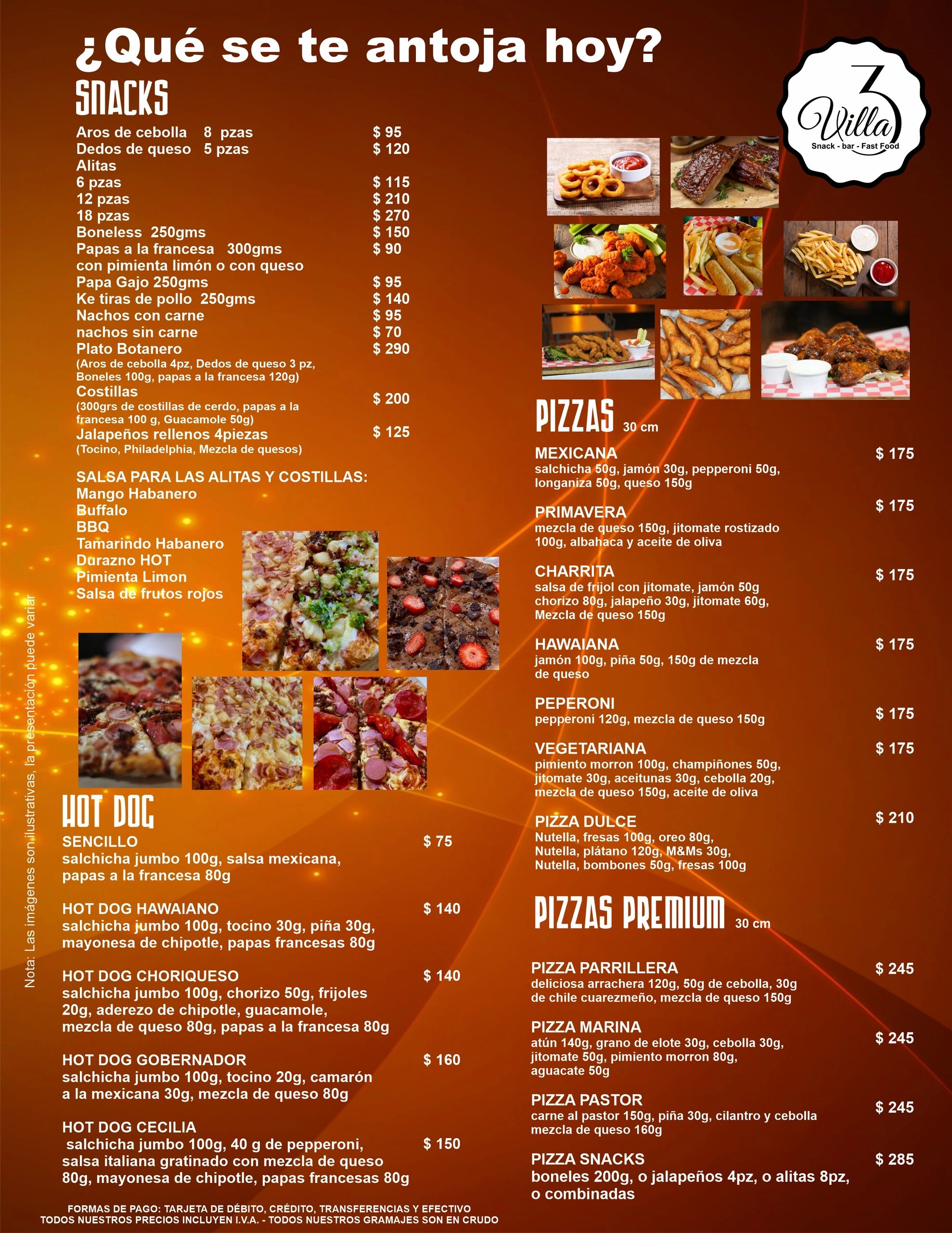 Menu with snacks, hot dogs, and pizzas including various toppings and prices.