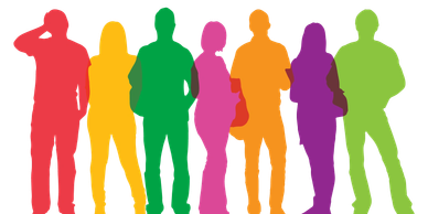 Colorful silhouettes of seven people standing in a row.