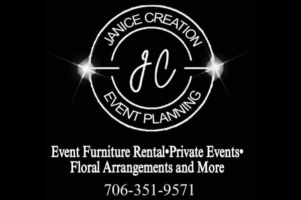 Logo for Janice Creation Event Planning with contact info and services.