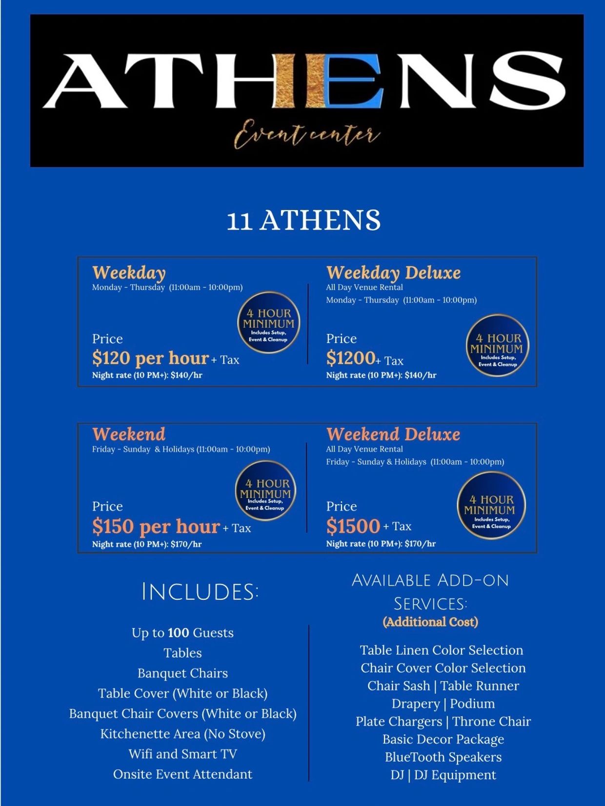 Event center rental rates and amenities for 11 Athens.