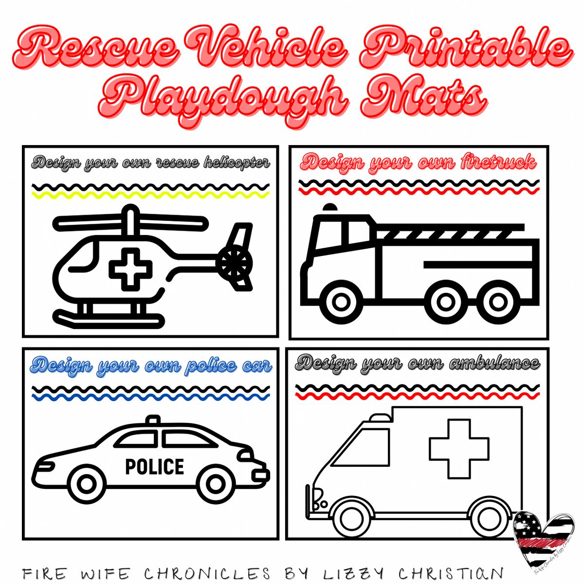 Rescue Vehicle Printable Playdough Mats/Coloring Pages