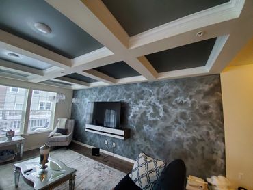 Accent wall and Ceiling done in light, medium, dark grey and Metallic Silver Finishes!