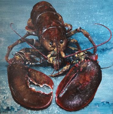 Realistic painting of a lobster on a blue background.